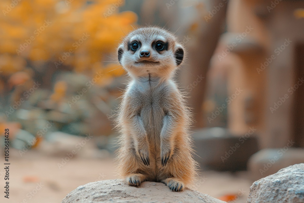 Fototapeta premium A Curious Meerkat Stands Tall, Looking Upward