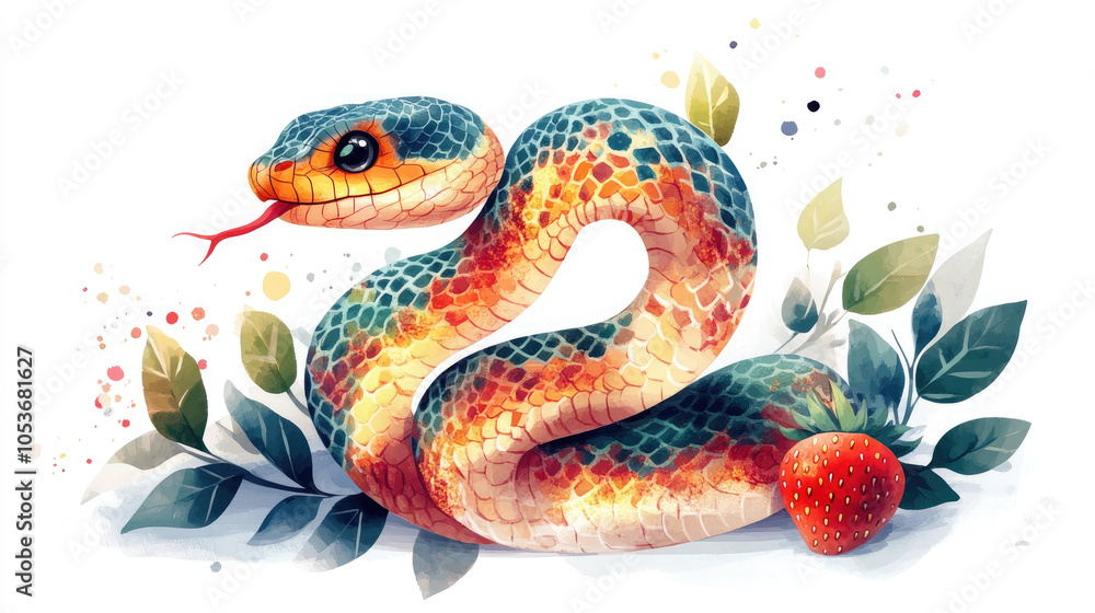 Obraz premium Cute snake and strawberry, Chinese New Year