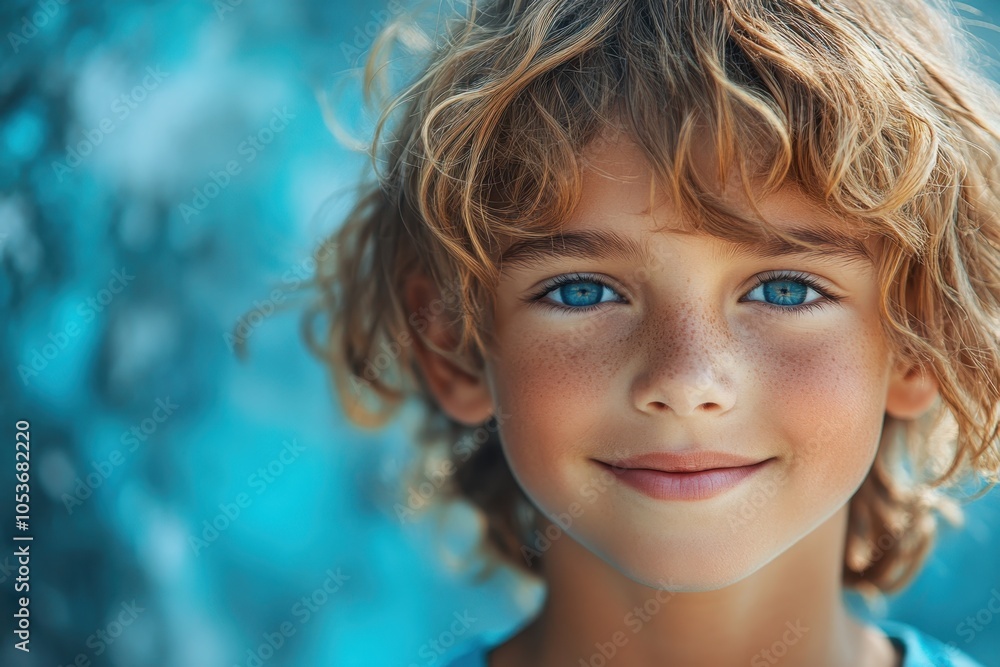 A young boy with curly hair and bright blue eyes smiling against a blue background outdoors A young boy with curly hair and bright blue eyes smiling against a blue background outdoors