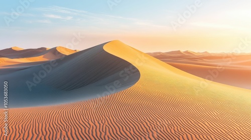 Breathtaking abstract patterns formed by the desert sands featuring warm tones soft shadows and a serene minimalist atmosphere This landscape evokes a sense of tranquility and