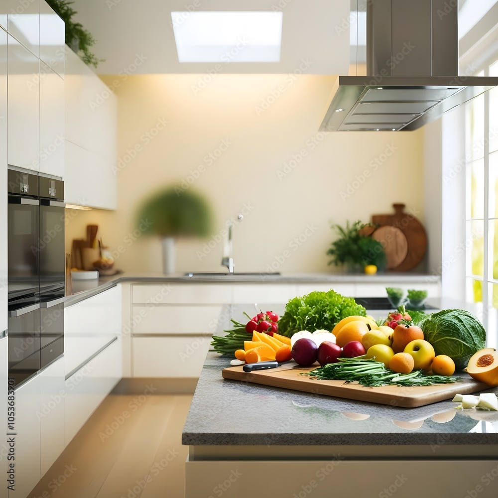 Modern Kitchen with Fresh Vegetables and Fruits for Healthy Food Preparation Modern Kitchen with Fresh Vegetables and Fruits for Healthy Food Preparation