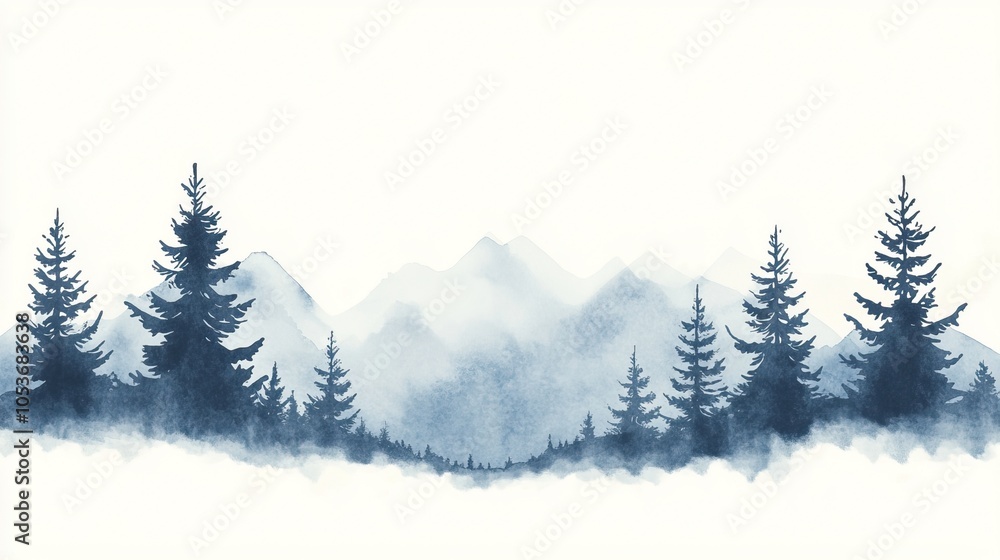 Fototapeta premium A serene watercolor landscape featuring dark evergreen trees silhouetted against soft blue mountains and a misty white background, watercolor style..