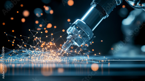 A robotic arm is creating intricate patterns with glowing particles, showcasing advanced technology and innovation in automation. scene captures essence of modern manufacturing and precision engineeri photo