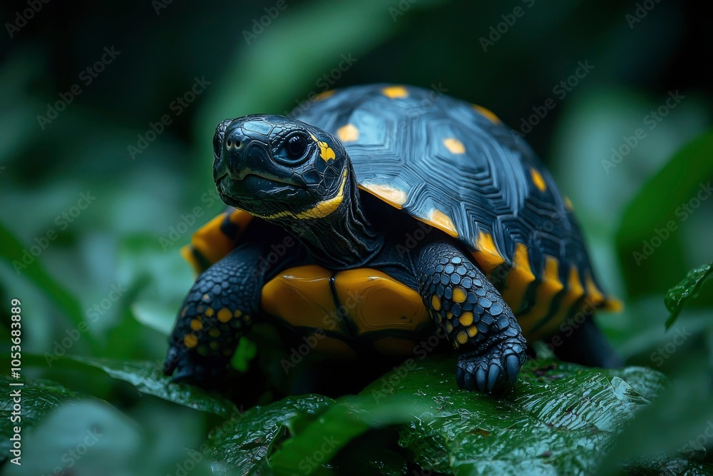 Fototapeta premium Yellow-spotted black turtle on green leaves in a rainforest