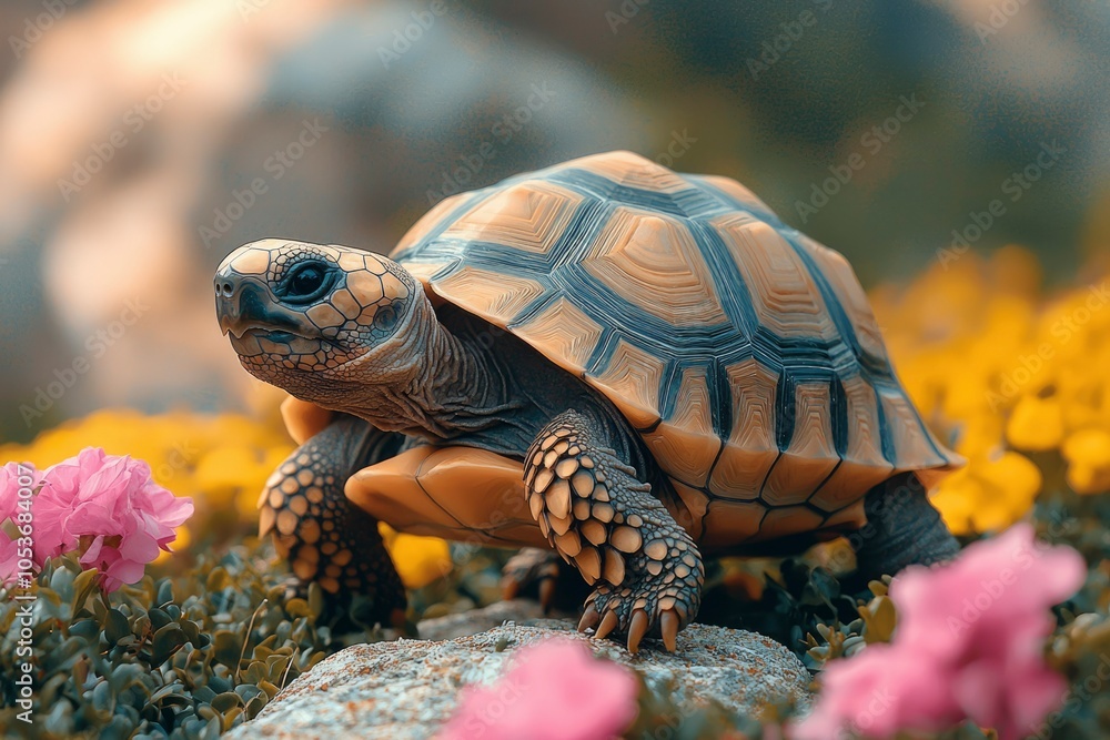 Obraz premium A Golden Tortoise Walking on a Rocky Path