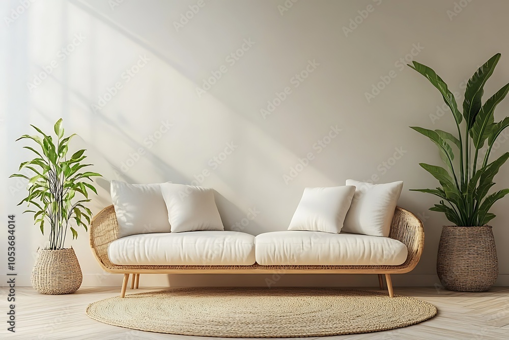 Fototapeta premium Cozy living room with a sofa and indoor plants.
