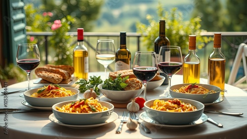 Elegant Dinner Table with Delicious Pasta and Wine