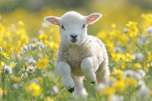 A White Lamb Leaping Through a Field of Yellow Flowers