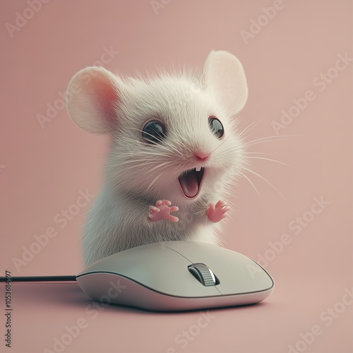 Cute computer mouse, modern style, with a real photo of an animal mouse next to it with a surprised face photo