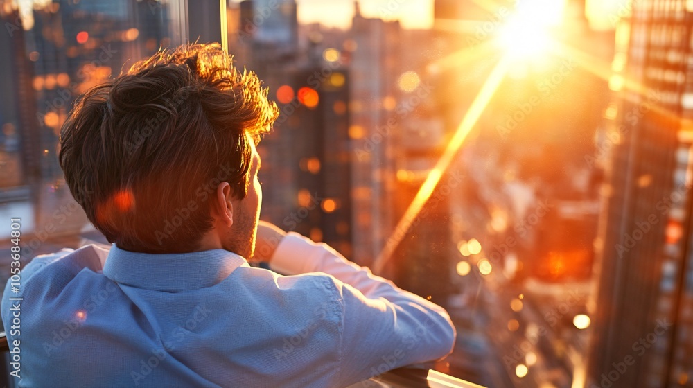 Obraz premium Young Professional Observing Urban Skyline at Sunset