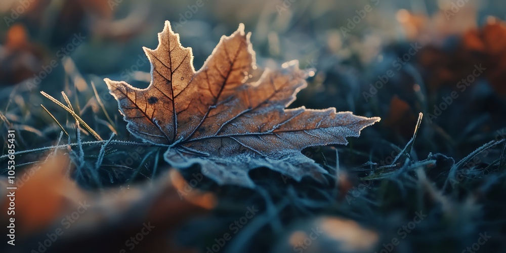 Frozen autumn maple leaf with frosty edges lying among grass, illuminated by the soft morning sunlight in a tranquil natural setting Frozen autumn maple leaf with frosty edges lying among grass, illuminated by the soft morning sunlight in a tranquil natural setting