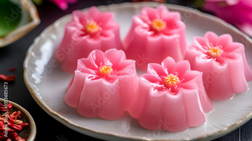 Luk chup candies in the shape of flowers , flower fruit coconut jelly on dish , luxury delicious pink bizets at birthday celebration, delight dessert, catering party in a restaurant
 photo