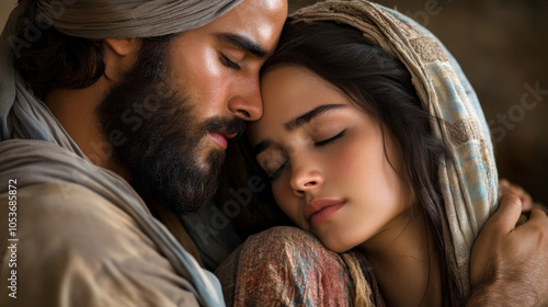 A tender scene of Jesus embracing Mary as an adult, offering her comfort and reassurance, set in a quiet home