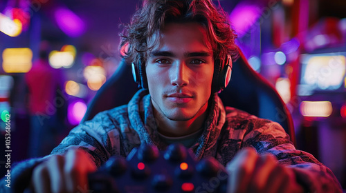 Enthusiastic gamer holding a joystick drive controller, perfect for racing and driving games photo