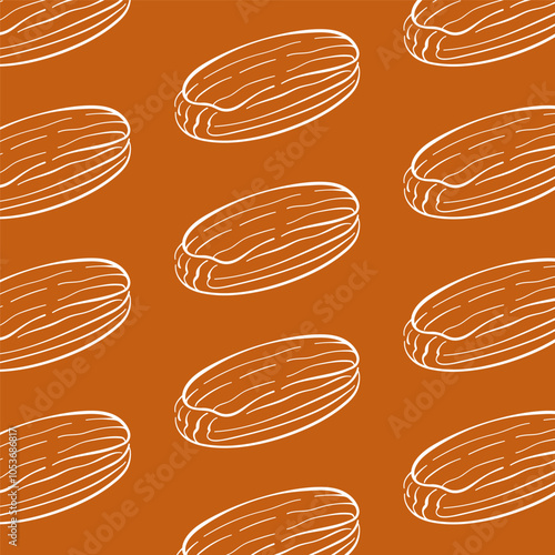 Seamless pattern of hand drawn eclair on a warm brown background. Perfect for bakery theme, pastry decor, food packaging and rustic design project.