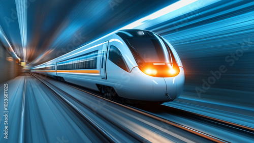 A futuristic maglev train racing through a sleek urban tunnel at night