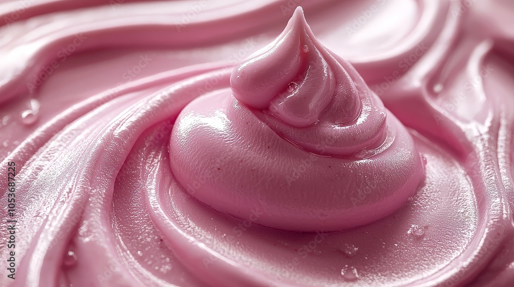 A close-up of smooth, swirled pink frosting, ideal for decorating cakes and desserts. A close-up of smooth, swirled pink frosting, ideal for decorating cakes and desserts.