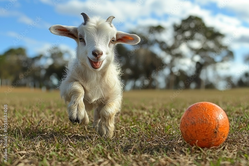 Fototapeta premium A playful white goat kid running toward a large orange ball in a grassy field