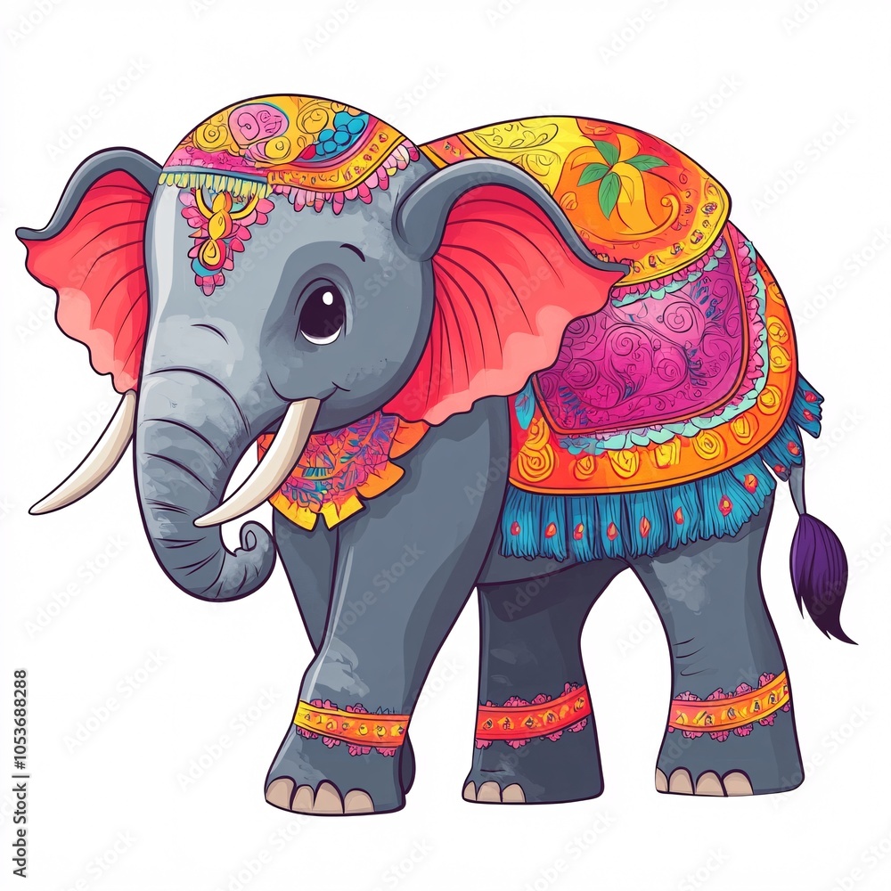 Obraz premium An Indian cartoon elephant with a colorful blanket on its back
