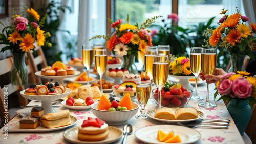 Elegant Dessert Table with Fresh Flowers and Champagne