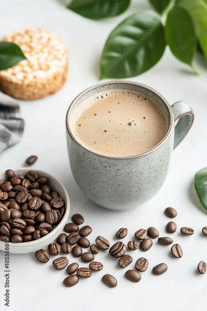 Cup of coffee with beans on white table with green plant. Cup of coffee with beans on white table with green plant.