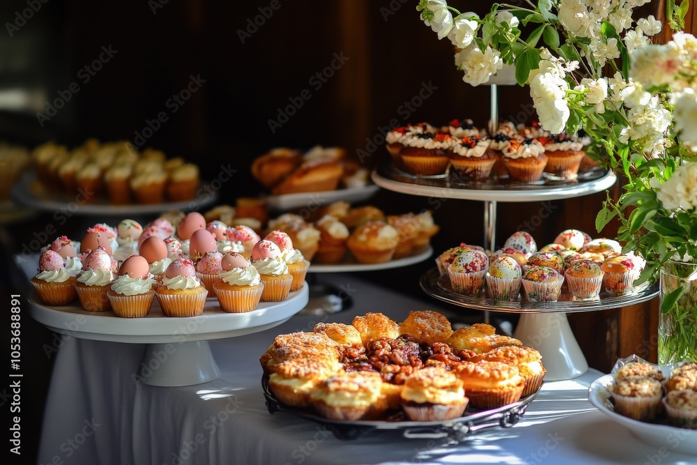 Easter Brunch. Buffet Table Setting with Easter Eggs, Delicacies, and Cupcakes Easter Brunch. Buffet Table Setting with Easter Eggs, Delicacies, and Cupcakes