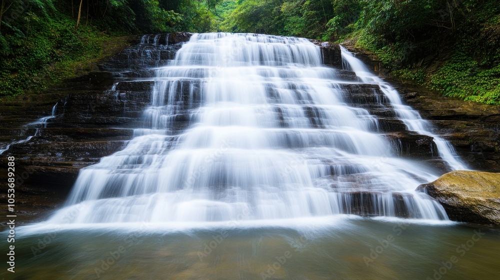 Obraz premium A serene waterfall cascades over rocky ledges, surrounded by lush green foliage, creating a tranquil nature scene.