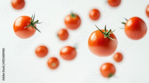 fresh tomato falling gracefully against a pristine white background, captured in high depth of field, emphasizing its vibrant red color and natural sheen