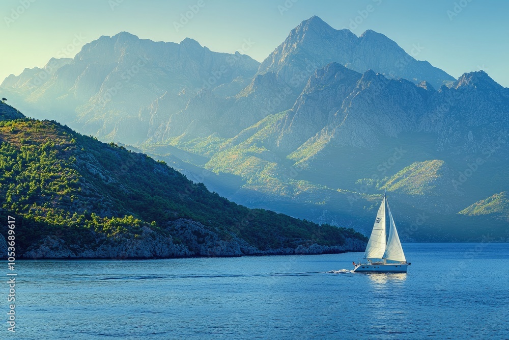 Naklejka premium A sailboat sails through a calm bay, surrounded by majestic mountains. This image is perfect for projects related to travel, adventure, or the beauty of nature.