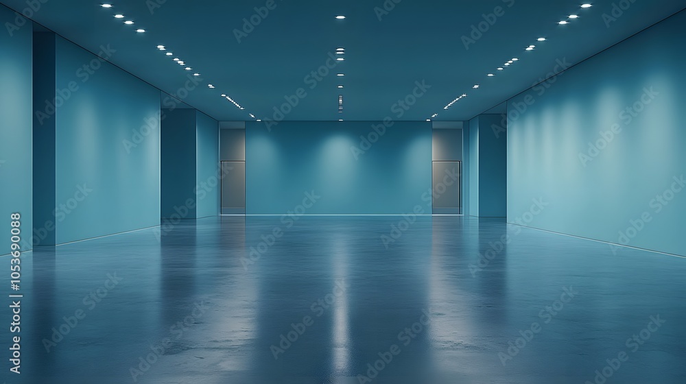 Empty modern room featuring light blue walls, polished concrete floor, recessed ceiling lights, minimalist interior design, clean architectural space, soft lighting. Empty modern room featuring light blue walls, polished concrete floor, recessed ceiling lights, minimalist interior design, clean architectural space, soft lighting.