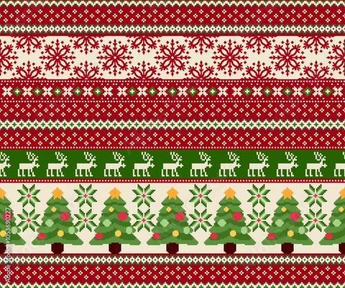 Christmas theme pixel seamless pattern. Along with Christmas trees, snow flake, reindeer, Design for wallpaper, background, decorative, textile, carpet, fabric, wrapping paper, art board.