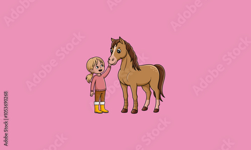 Girl gently bonding with a friendly horse.