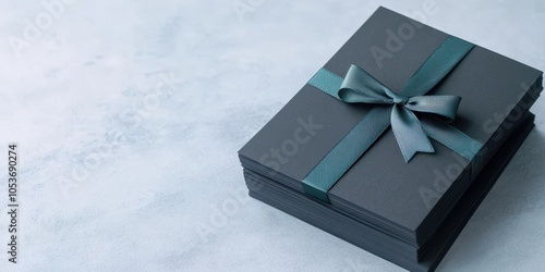 Elegant gift box with teal ribbon on a textured background.