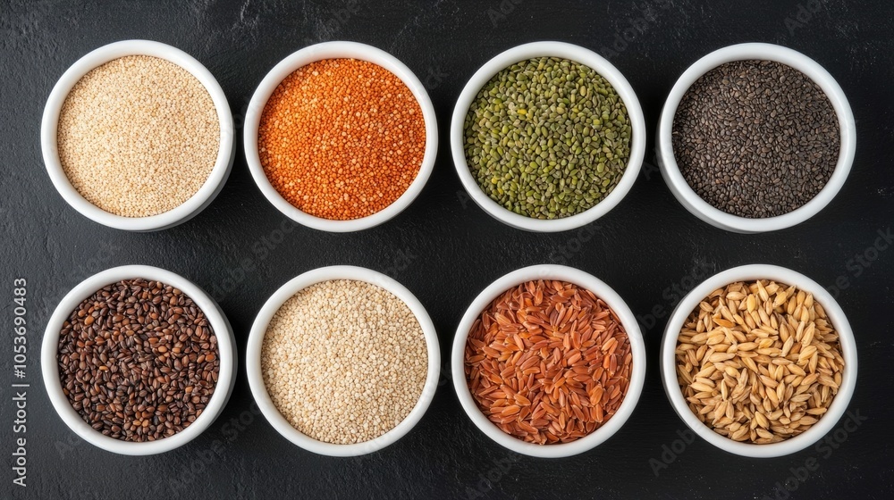 Overhead view of a variety of healthy unprocessed whole grains and seeds arranged in bowls on a simple minimalist tabletop Overhead view of a variety of healthy unprocessed whole grains and seeds arranged in bowls on a simple minimalist tabletop