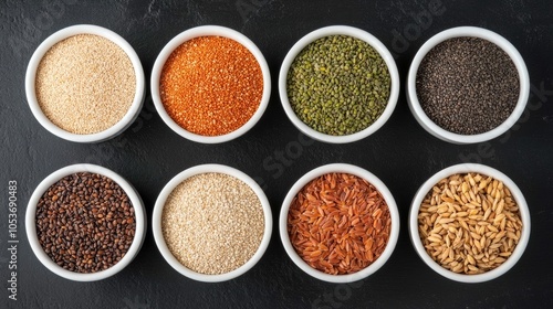 Overhead view of a variety of healthy unprocessed whole grains and seeds arranged in bowls on a simple minimalist tabletop