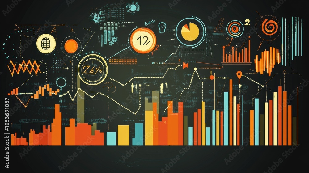 Obraz premium Business-themed background with a stock chart, corporate icons, and economic data, dynamic market trends