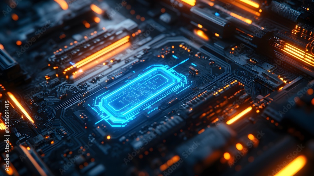Obraz premium Futuristic circuit board with glowing neon blue traces, dark metallic background, technological texture, cyberpunk aesthetic, geometric tech lines, carbon fiber surface.