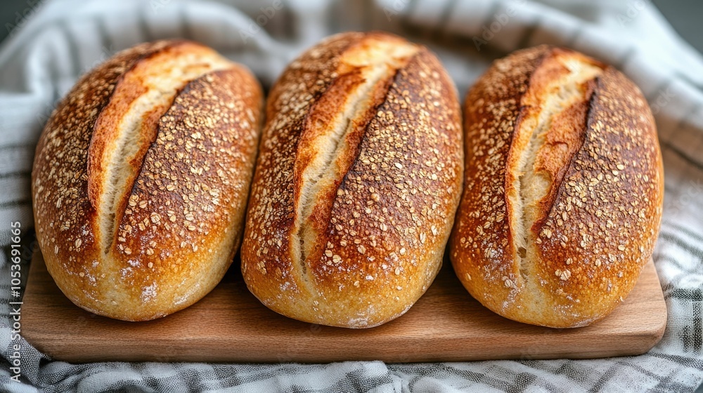Freshly baked loaves of whole grain bread with a crisp crust and soft fluffy interior arranged on a rustic wooden cutting board Freshly baked loaves of whole grain bread with a crisp crust and soft fluffy interior arranged on a rustic wooden cutting board