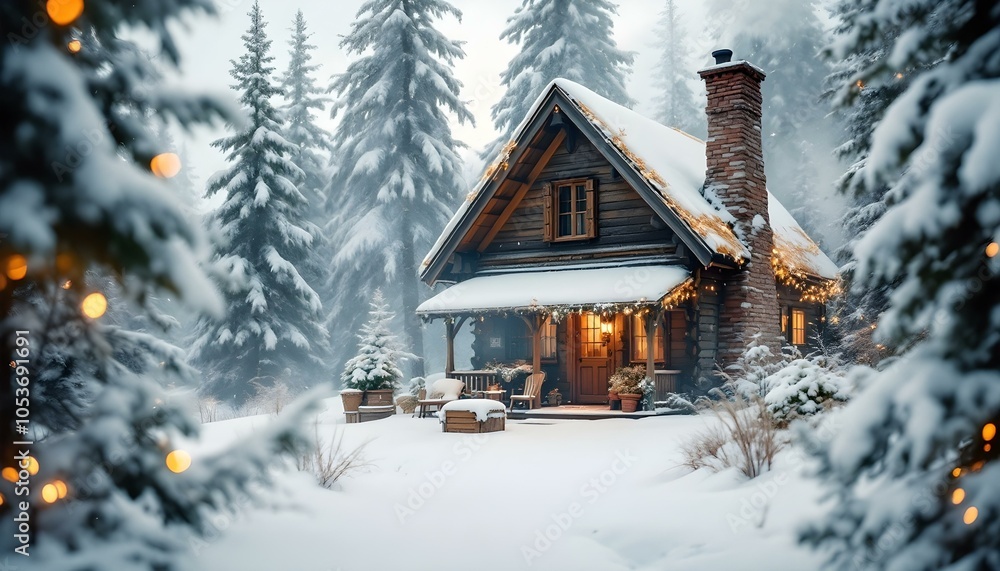 Fototapeta premium A cozy wooden cabin nestled in a winter forest, surrounded by snow-covered trees, evoking a serene and tranquil atmosphere in a picturesque winter landscape