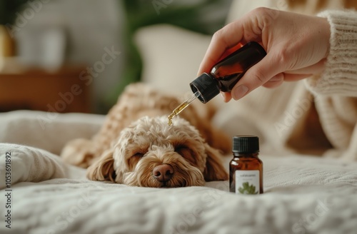 Adorable fluffy dog resting on a soft blanket while receiving a relaxing essential oil treatment in a cozy home bedroom setting  The dog appears calm and content with a focus on wellness self care photo