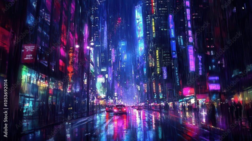 Fototapeta premium futuristic cityscape illuminated by vibrant neon lights at night, with tall skyscrapers and glowing windows. the street is dark and defocused, creating a dynamic urban atmosphere