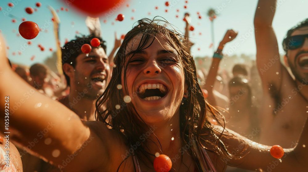Obraz premium Joyful young woman celebrating at La Tomatina festival.