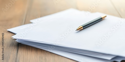 Wallpaper Mural Pen resting on a stack of blank papers on a wooden surface. Torontodigital.ca