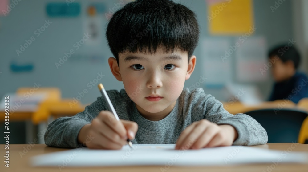 Portrait of a focused elementary school student sitting at a desk and writing in a notebook deep focus and on their schoolwork in a classroom setting Portrait of a focused elementary school student sitting at a desk and writing in a notebook deep focus and on their schoolwork in a classroom setting