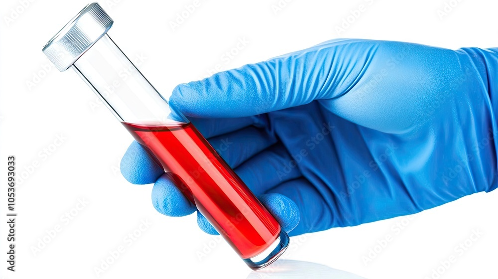 A medical worker carefully holds a test tube filled with vibrant red liquid in a sterile environment during a testing procedure A medical worker carefully holds a test tube filled with vibrant red liquid in a sterile environment during a testing procedure