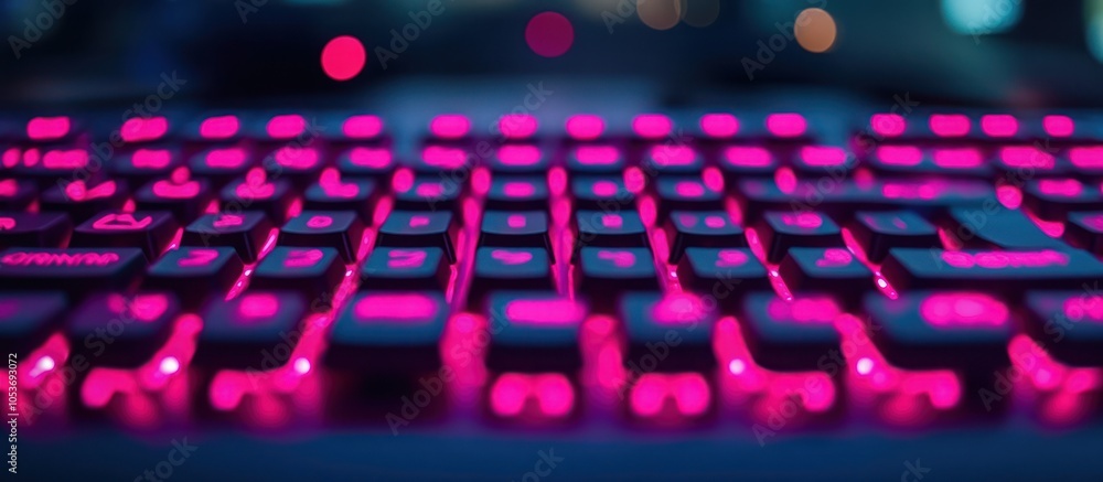 Fototapeta premium Close up of a backlit keyboard with glowing pink keys.
