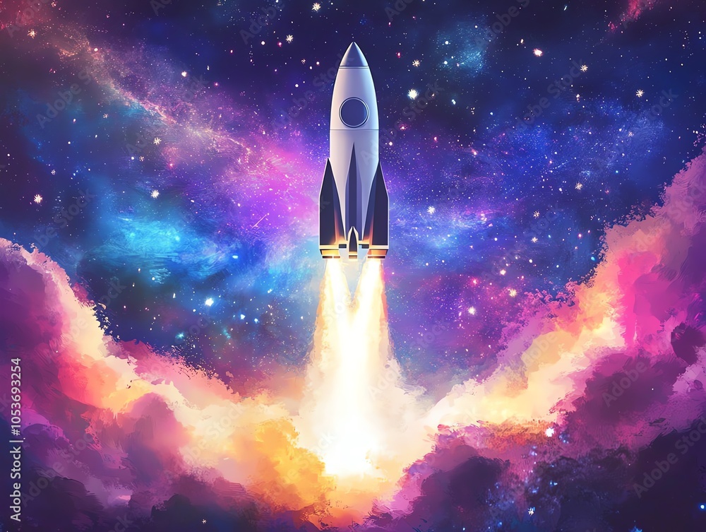 Obraz premium A rocket ship blasts off into a colorful nebula, representing innovation, ambition, and space exploration.