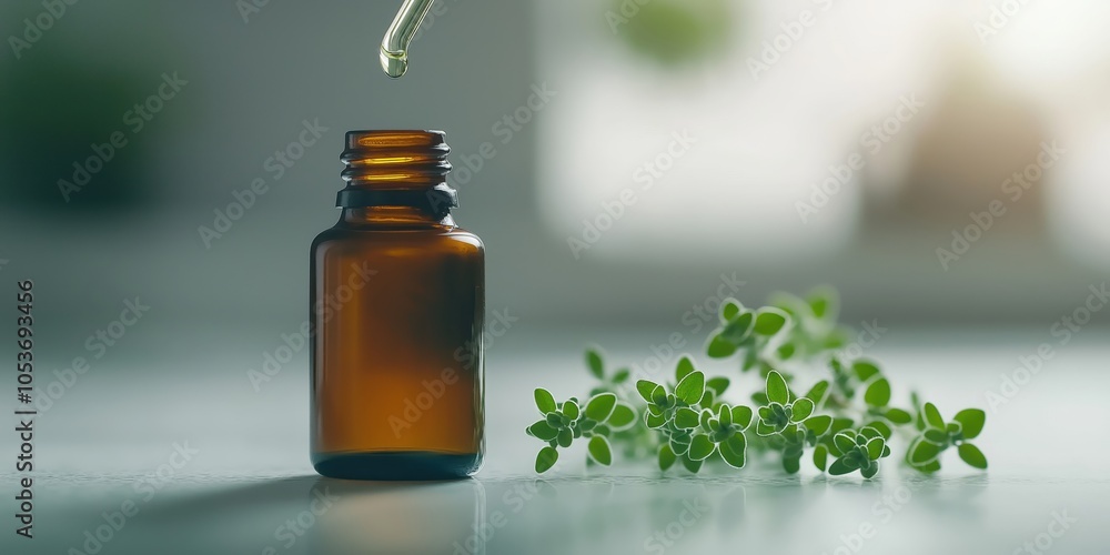 Close up of a glass bottle with a dropper containing essential oil surrounded by fresh green leaves representing natural wellness holistic healthcare and aromatherapy Close up of a glass bottle with a dropper containing essential oil surrounded by fresh green leaves representing natural wellness holistic healthcare and aromatherapy