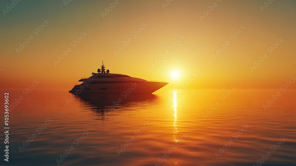 Obraz premium Luxury yacht at sunrise, calm ocean waters, early morning blue sky, golden sunlight reflection, rippling water surface, speed boat silhouette, dramatic atmosphere.