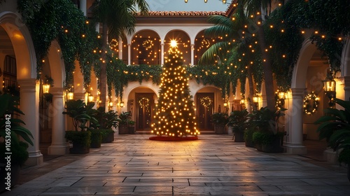 Wallpaper Mural Mediterranean courtyard with illuminated Christmas tree, Spanish colonial architecture, stone paving, white stucco arches, warm string lights, ivy covered walls. Torontodigital.ca